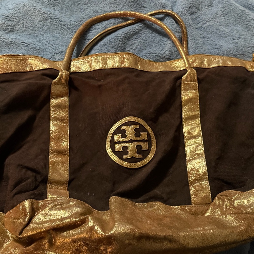 Tory Burch Chocolate Brown and Shimmering Gold Travel bag